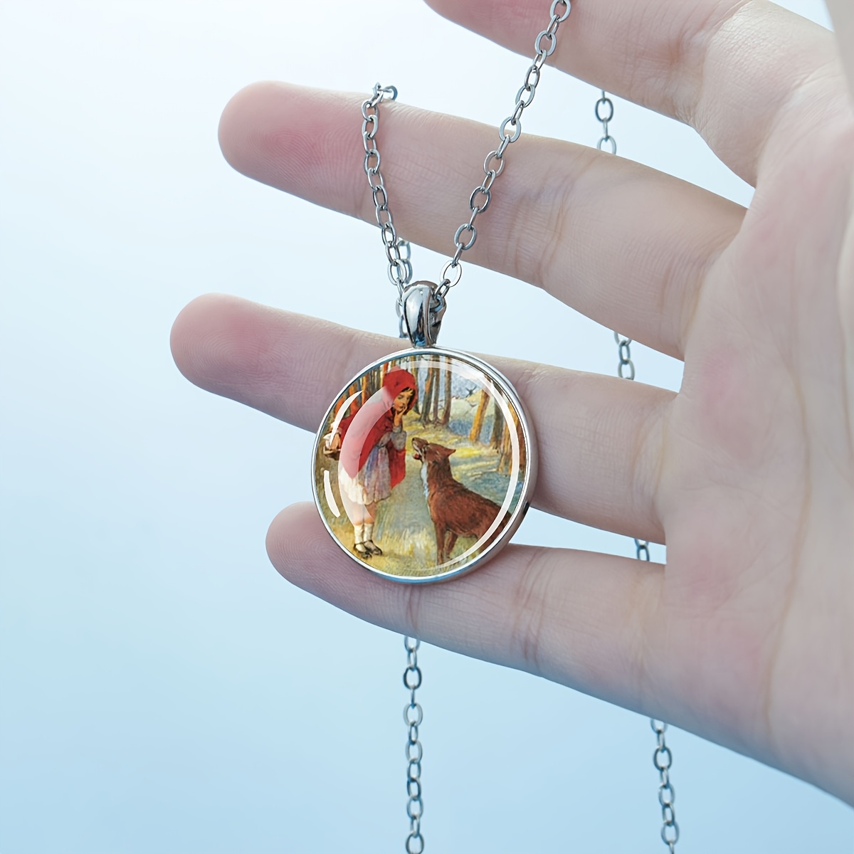 Little Red Riding Hood Forest Scene Dome Glass Pendant Necklace